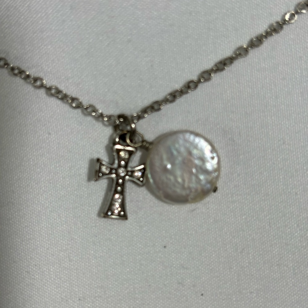 Brighton Cross & Abalone Charm  Silver Plated 16”Necklace